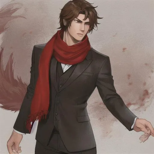 Prompt: A brown haired werewolf boy wearing a red scarf and suit