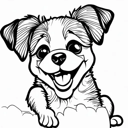 Prompt: black and white outline on a white  background of  a happy puppy for a coloring book

