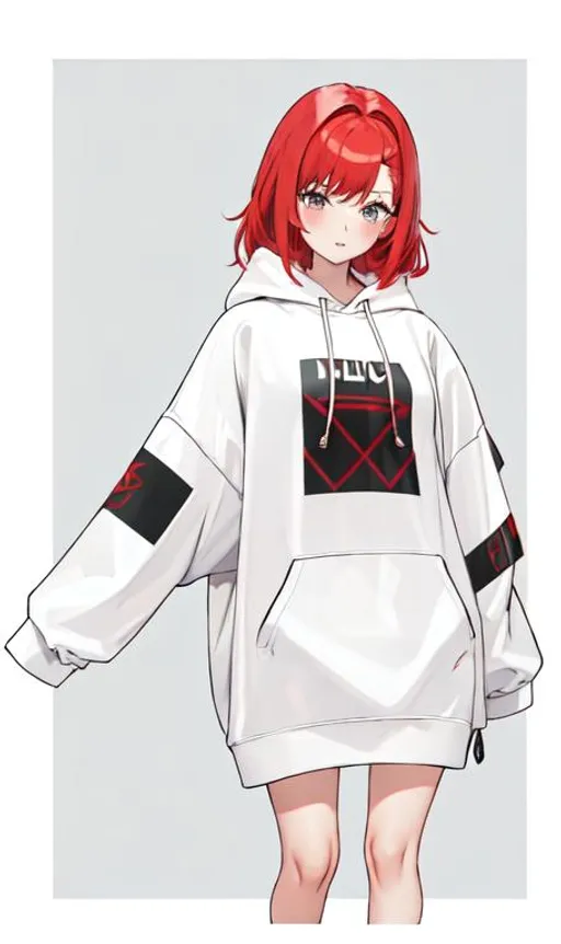 Prompt: Haley (bright red hair) blushing, 8k, UHD, highly detailed, best quality, wearing an oversized hoodie that goes past her thighs