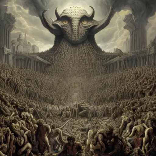 Prompt: moloch, god, omnipotent, ruthless, mass of people, sacrifice
