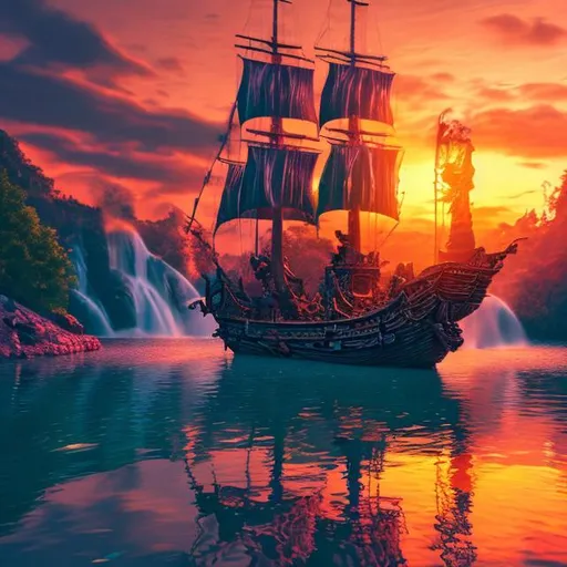 Prompt: A pirate ship on the water at a waterfall in the sunset, HD, 4K, Vibrant Colours, Retro Theme