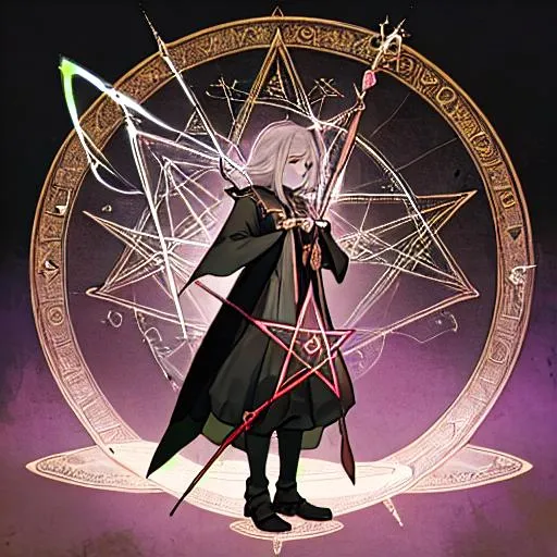 Prompt: a wizard wearing ritual garments and holding a wand and spell book standing in front of a pentagram with a cute witch girl aiding him in his ritual 