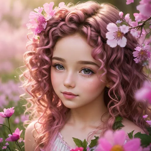 Prompt: a young fairy of spring, very curly hair, pink glow on cheeks,wildflowers, vivid colors, closeup