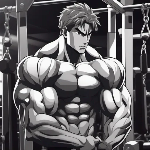 Prompt: picture of a muscular anime character  in the gym , highly detailed, hd, hayao miyazaki, perfect body, perfect arms, perfect picture