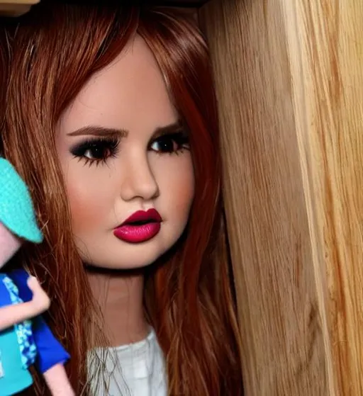 Prompt: Debby Ryan turned into a doll. Jn a doll box on a shelf. Up close photo