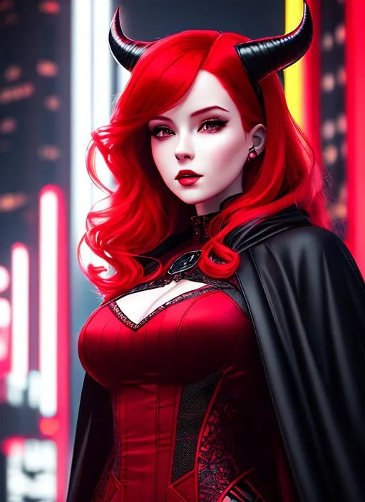 Prompt: Portrait of girl with red hair and with serous face, future neon city, perfect composition, hyperrealistic, super detailed, 8k, high quality, trending art, trending on artstation, sharp focus, studio photo, intricate details, highly detailed (((godess))),full body,demon horns wearing a dark red dress with black dragging cape