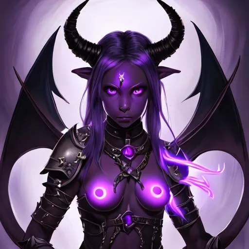 Prompt: Portrait of an adolescent, scared, innocent, beautiful tiefling girl with very dark ash skin, wraparound symmetrical horns, wearing tattered leather armor holding up a glowing, light purple psionic blades