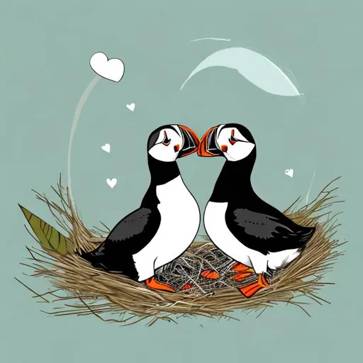 Prompt: Two puffins in love in their nest, design style 