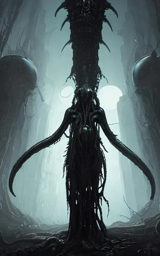 Prompt: dark fantasy, lovecraft horror, alien squid human hybrid, glowing eyes, giant, 4k, sharp focus, studio photo, intricate details, highly detailed, by greg rutkowski, overgrown post apocalyptic, 
