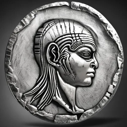 Prompt: A large ancient Greek silver coin with raised edges with a facing portrait of an alien with large head and large eyes. Entire coin. Photorealistic, studio lighting