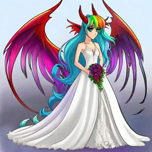 Prompt: Haley  as a demon horse hybrid (bright multi-color hair) (multi-color eyes) wearing a wedding dress (demon tail) (demon wings)