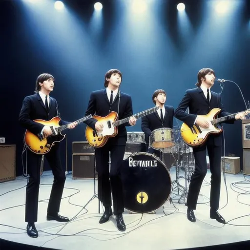 Prompt: hyperrealistic, photographic, the beatles, maximum of four people, playing on stage 