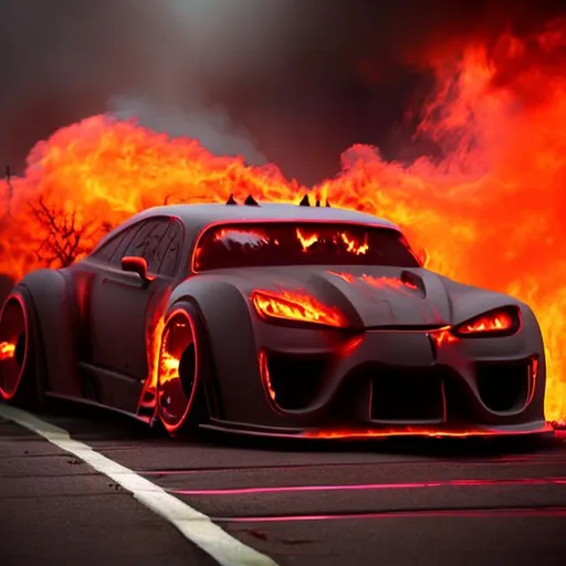 Prompt: Evil car with red lights and burning wheels rided by the devil.