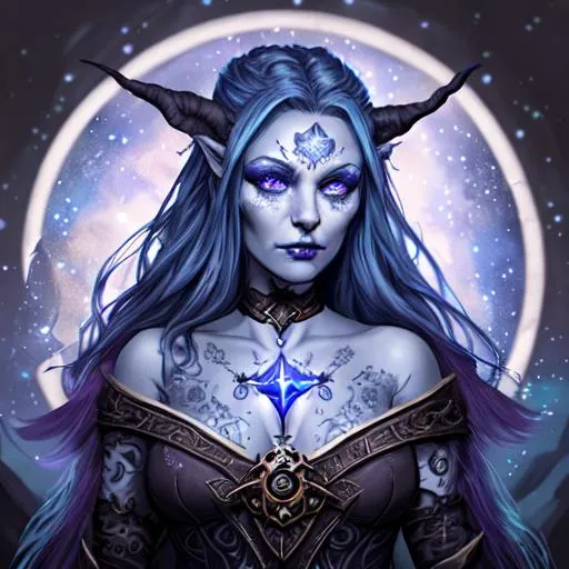 Prompt: A beautiful D&D Circle of Stars Druid, full body character portrait, dark fantasy, detailed, realistic face, digital portrait, fiverr dnd character. Of a beautiful Tiefling woman of 27 years old, with blue skin, tattoos of stars on her face and hands, one eye of black with an iris of a white cross. She is wearing a witch's robe and Hat with the underside of the Hat having a star constellation on it. Leather armor and Amethyst Cloak A dazzling purple and black sewed cloak studded with amethyst gems.