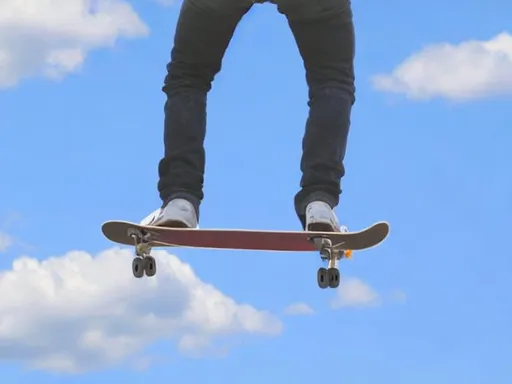 Prompt: Skate board falling from the sky with a plane in the background.