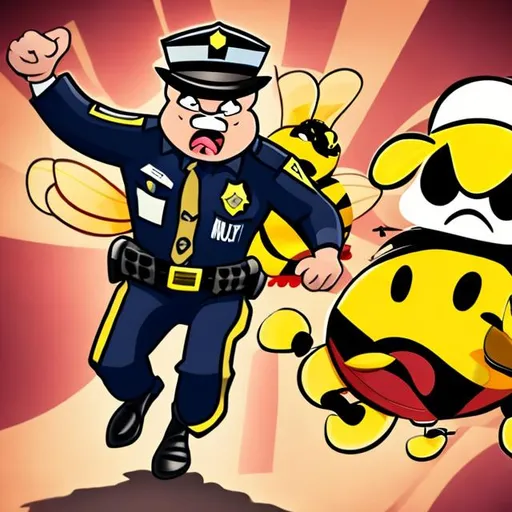 Prompt: Angry cop running from angry bee 