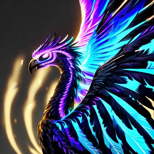 Prompt: Portrait of a screeching feathered neon skeleton phoenix, glowing iridescent black feathers, black background, perfect composition, super detailed, high quality, trending art, trending on artstation, sharp focus, studio photo, intricate details, highly detailed, Trending on Artstation, Popular on Dribbble