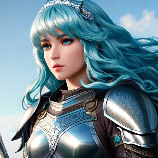 Prompt: 4K, 16K, high quality, extremely detailed, highly realistic, picture quality, teal long hair (curly - wavy ) (female), knight armor (silver - white), steel sword, war-zone, fantasy, dragons, knight/general (female)