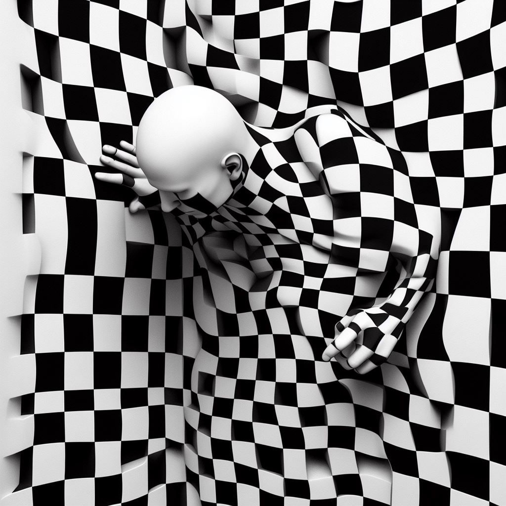 Prompt: checkerboard man emerge from the chekerboard wall