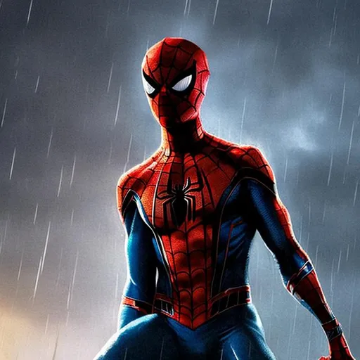 Prompt: spider-man is sitting. looks down. rain. thunderstorm. high. roof.