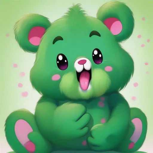 Prompt: Carebear that is a Akaname, swamp green fur and eyes, a long creepy tongue, belly symbol is a tongue, Masterpiece, Best Quality