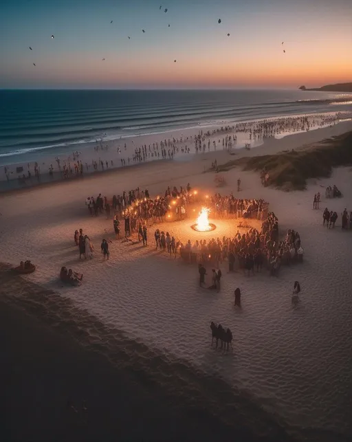 Prompt: A lively aerial shot of a beach party at dusk with bonfires and lanterns scattered across the sand. Groups of friends dance together while waves crash gently along the shoreline behind them. The scene is illuminated by the warm light of the setting sun blending with the cooler light of the rising moon. Shot with a DJI Mavic 3 drone using a wide angle lens to capture the scope. The mood is carefree summertime joy. In the style of José Luis Ruiz.
