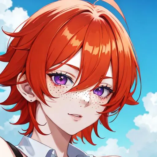 Prompt: Erikku male adult (short ginger hair, freckles, right eye blue left eye purple) UHD, 8K, Highly detailed, insane detail, best quality, high quality,  anime style, passed out