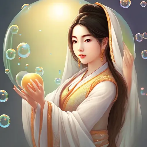 Prompt: Asian female figure in white cloth, in a feminine pose, with a bubble around her head and holding a bubble with a bird in it