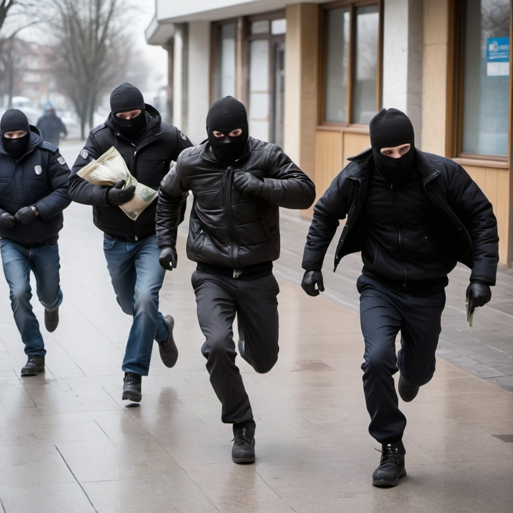 romanian thieves in ski masks carrying money bags ru...