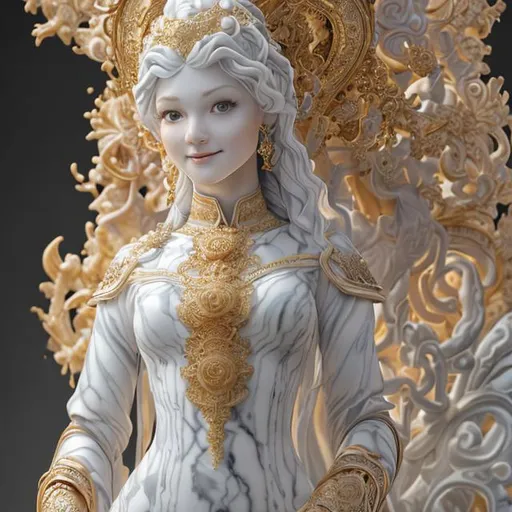 Prompt: A highly detailed ((full-length shot) (white marble sculpture statue) of a (woman with). ((+Hyperrealistic)), (+dress), +concept art, +low shot, ((+intricately detailed, +highly detailed)), +dramatic, +side light, +plain background, +caring, +happy, +smiling, +aodai vietnam, 