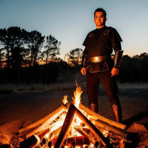 Prompt: A portrait of a warrior dressed in black next to a campfire.