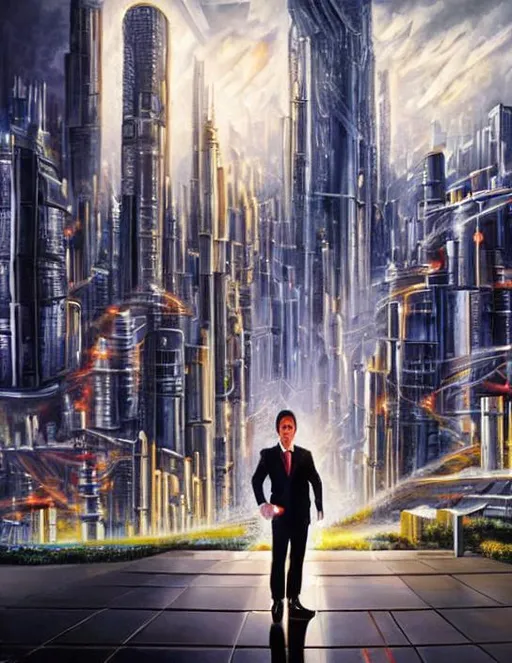 Prompt: A photorealistic painting of a time traveler standing in front of a cityscape from the future. The time traveler is wearing a futuristic outfit and is holding a time machine. The cityscape is full of tall buildings and flying cars.