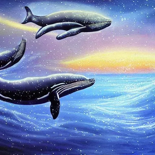 Prompt: many whale fly in the nightsky, fantasy art
Beautiful painting.
