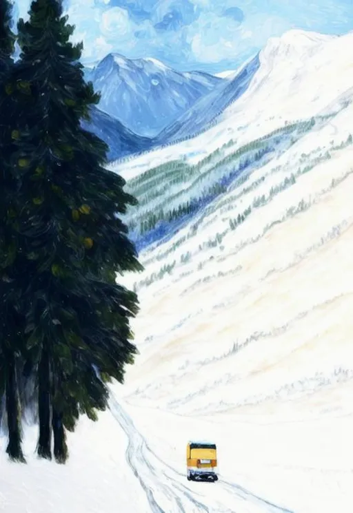 Prompt: A fine art painting of a van traveling down a snowy wooded road towards a large mountain vista seen in the background, inspired by van Gough 