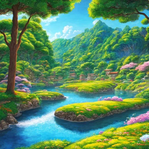 Prompt: Ghibli landscape, in the style of Hayao Miyazaki, painting, ultra high definition, intricate details, wallpaper, 8K