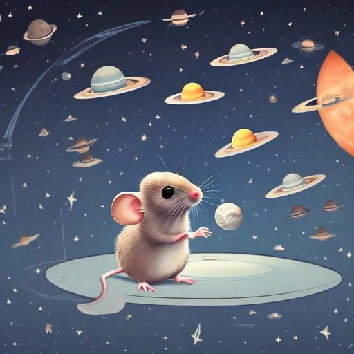 Prompt: mouse rodent in starry space with moon planets ufo ship