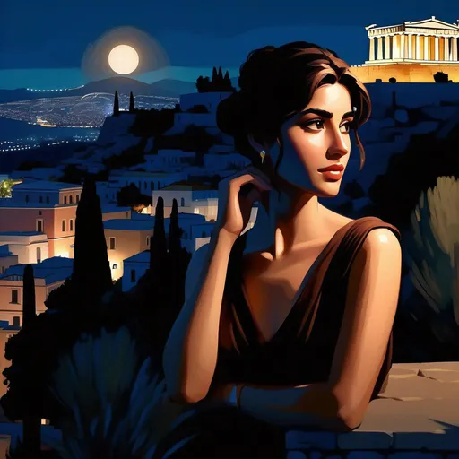 Prompt: Third person, gameplay, Greek girl, olive skin, brown hair, brown eyes, 2020s, Athens at night, Acropolis in the background, warm atmosphere, cartoony style, extremely detailed painting by Greg Rutkowski and by Henry Justice Ford and by Steve Henderson 