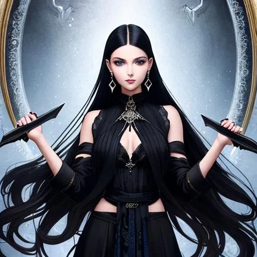 Prompt: An insanely beautiful girl around 21 years old. wearing black skull earrings. holding a sharp dagger in one hand. perfect anatomy, symmetrically perfect face. beautiful deep blue eyes. beautiful long black wavy hair. no extra limbs or hands or fingers or legs or arms. full body view.