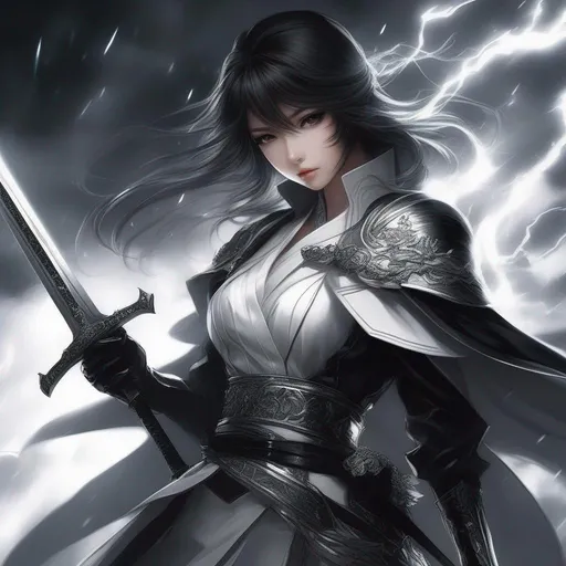 Prompt: a girl in a black and white outfit with a sword in her hand and a black and white background, Ayako Rokkaku, anime style, a manga drawing, neogeo, in a costume holding a sword in a dark room with lightning behind him and a cloud of smoke behind him, Aleksi Briclot, epic fantasy character art, concept art, fantasy art