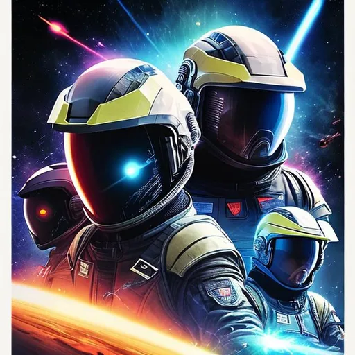 Prompt: 4 badass pilots and crew space poster, armored visor helmet, explosions


