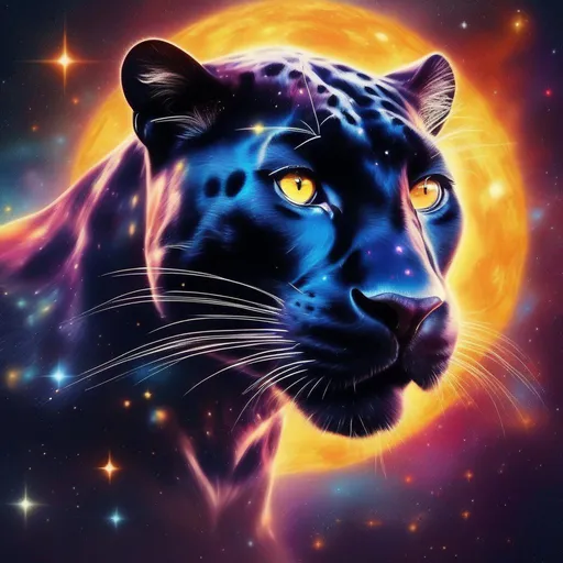 Prompt: a colourful panther made of stars and outer space, jumping over the sun in space a photorealistic impressionistic Disney style.