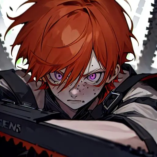 Prompt: Erikku male adult (short ginger hair, freckles, right eye blue left eye purple) UHD, 8K, Highly detailed, insane detail, best quality, high quality, fighting with a chainsaw