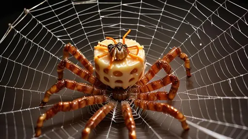 Prompt: A terrifying cheesy meat spider ensnaring a candy moth in a web of string cheese