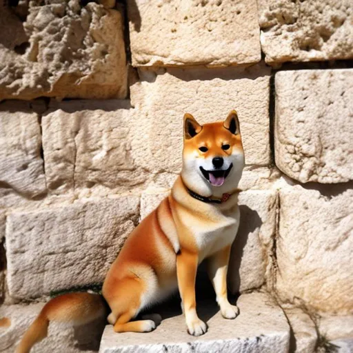 Prompt: Shiba Inu on hilltop in jerusalem at western wall