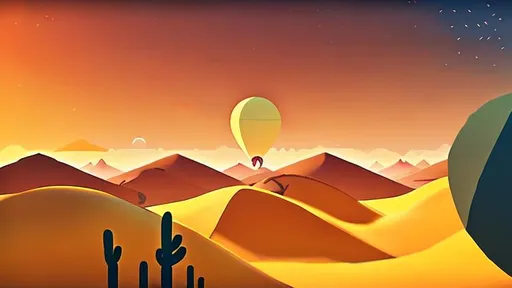 Prompt: Alto’s Odyssey, desert, Alto’s Adventure, minimalist animated style, beautiful landscapes, atmospheric effects, 2D side-scrolling perspective, procedurally-generated desert landscapes, weather effects, simplicity, elegance, focused gameplay, immersive, serene environment, hot-air-balloons, desert sunset, barely-visible stars in sky,