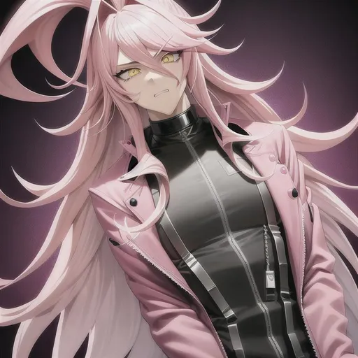 Prompt:  Danganrompa, long-haired pink male, YELLOW eyes, putting on MAKE UP, pink jacket, GAY, STRAIGHT HAIR, masculine, one character