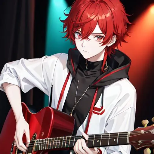 Prompt: Zerif 1boy (Red side-swept hair covering his right eye) as a young adult, guitarist in a band, UHD, 8K, highly detailed, 