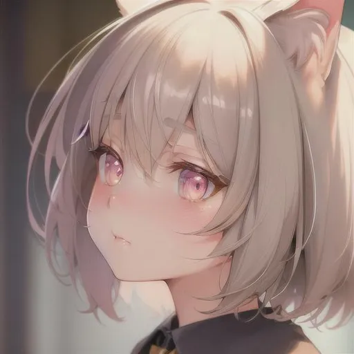 Prompt: Beautiful portrait canvas of small girl, perfect body, muted colors, watercolor style, vintage colors, by greg rutkowski, detailed, intricate face, detailed eyes, gentle tones, short white hair, glowing pink eyes, highly detailed, hd, 4k, 8k, wearing school uniform, has large cat ears, {{happy expression}} 