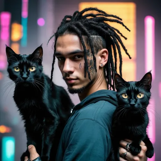Prompt: young man with dreads and his two black cats, cyberpunk