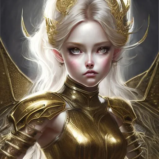 Prompt: highest quality portrait, fairy, gold armor, digital painting, highly-detailed symmetric face, cinematic dark cold color palette, ,perfect composition, hyperrealistic, super detailed, 8k, high quality, sharp focus,intricate details, highly detailed, dynamic lighting, detailed and intricate environment, anime artstyle by Yusuke Kozaki